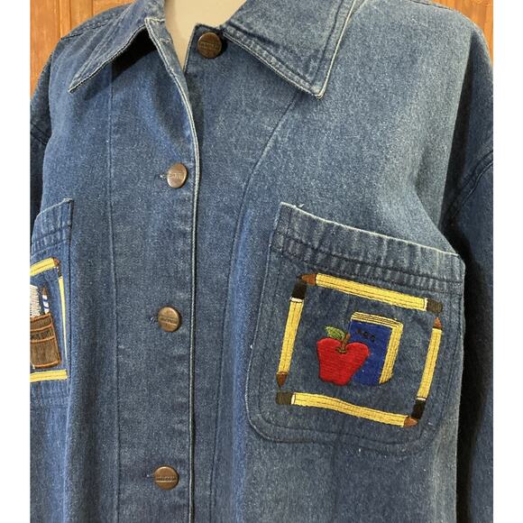 Way To Go Jean Jacket Women’s Sz L New Blue Embroidered School Teacher Shacket - Picture 3 of 9